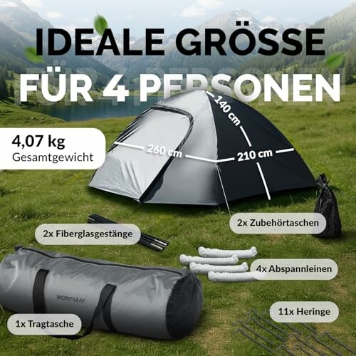 Zelt für vier Personen mit Zubehör und Gewicht
