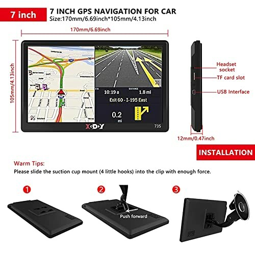 7-Zoll-GPS-Navigation für Autos mit Bildschirm und Anschlüssen.