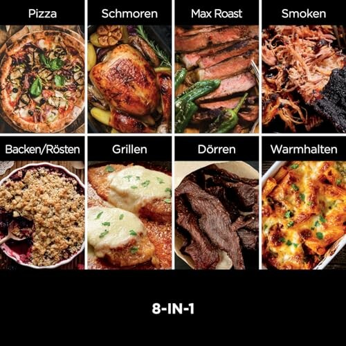 Acht verschiedene Kochmethoden: Pizza, schmoren, braten, räuchern, backen/rösten, grillen, dörren und warmhalten.