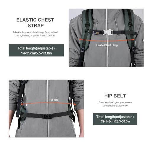 Verstellbare Brust- und Hüftgurte eines Rucksacks.