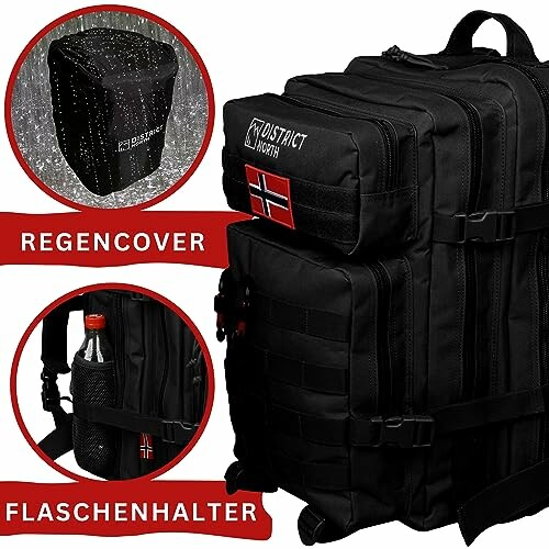 Schwarzer Rucksack mit Regencover und Flaschenhalter