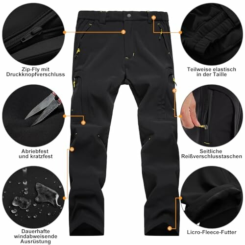 Schwarze Outdoor-Hose mit verschiedenen Funktionen wie Reißverschlusstaschen und Fleecefutter.