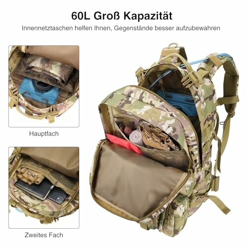 Tarnrucksack mit mehreren Fächern und großer Kapazität.