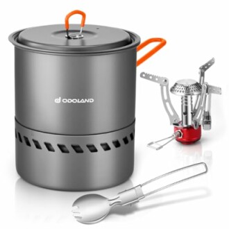 Camping-Kochgeschirr-Set mit Topf, Brenner und Spork.