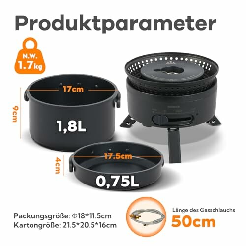 Produktparameter für Camping-Kochset mit Topf und Pfanne.