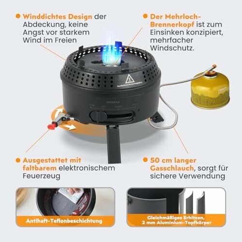 Camping-Gaskocher mit winddichtem Design und Brennerkopf.