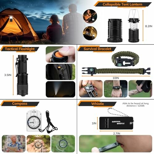 Campingausrüstung mit Zelt, Taschenlampe, Armband, Kompass und Pfeife.