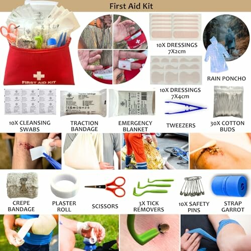 Inhalt eines Erste-Hilfe-Sets mit Verbänden, Pinzetten und mehr.