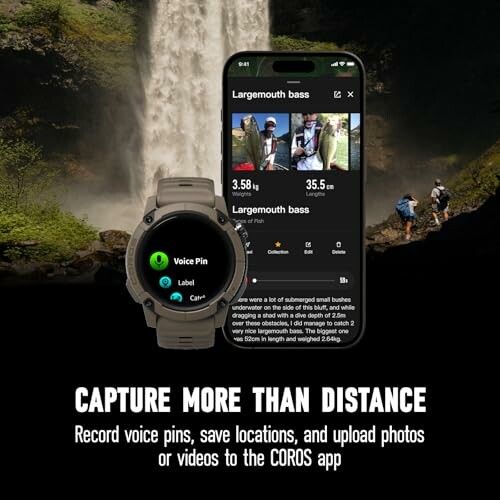 COROS Uhr und App mit Wasserfall im Hintergrund