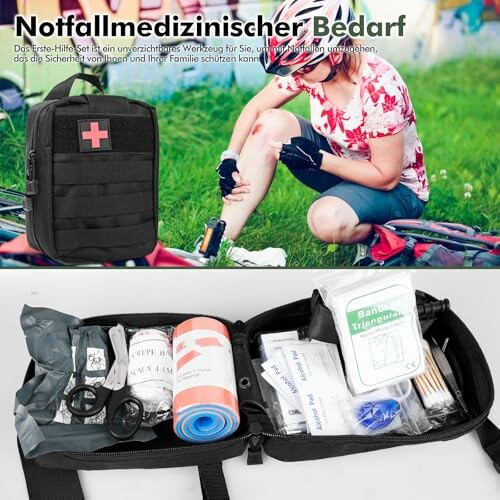 Frau verwendet Erste-Hilfe-Set im Freien