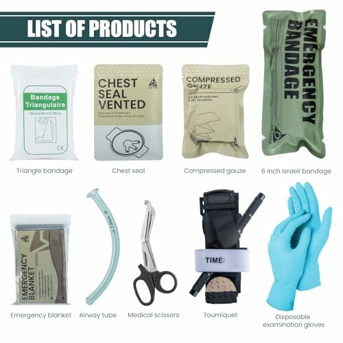 Liste von Notfallprodukten wie Verband, Brustabdichtung, Gazekompressen und Handschuhe.