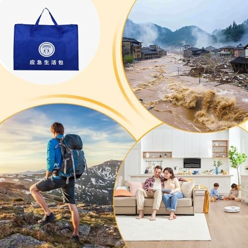 Notfalltasche, Überschwemmung, Wanderer, Familie im Wohnzimmer