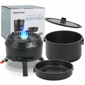 Elektrischer Campingkocher mit Zubehör und Verpackung.