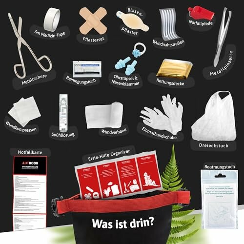 Erste-Hilfe-Set mit verschiedenen medizinischen Utensilien.