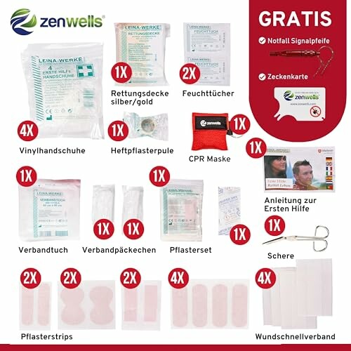 Inhalt eines Erste-Hilfe-Sets mit verschiedenen medizinischen Produkten.