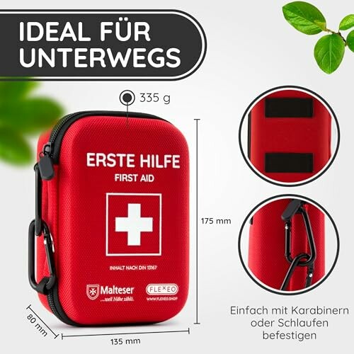 Rote Erste-Hilfe-Tasche für unterwegs mit Karabiner.