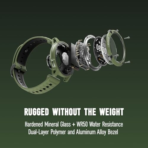 Explosionsansicht einer Smartwatch mit grünen Komponenten.