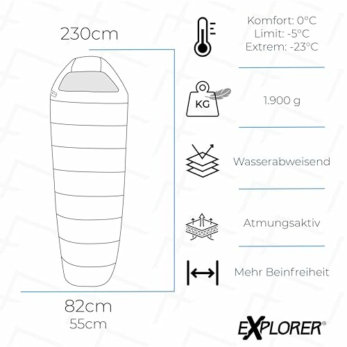 Schlafsack mit Komfort- und Extremtemperaturen, wasserabweisend, atmungsaktiv, mehr Beinfreiheit.