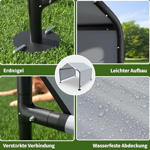 Details eines Gartenunterstands mit Erdnägeln, leichtem Aufbau, verstärkter Verbindung und wasserfester Abdeckung.