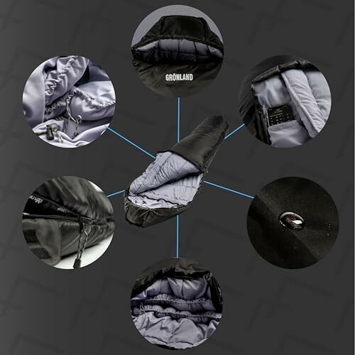 Schlafsack mit verschiedenen Detailansichten.