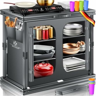 Moderner Küchenwagen mit Kochfeld und Stauraum.