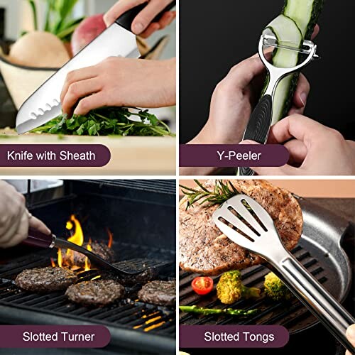 Küchenutensilien-Set mit Messer, Schäler, Wender und Zange.
