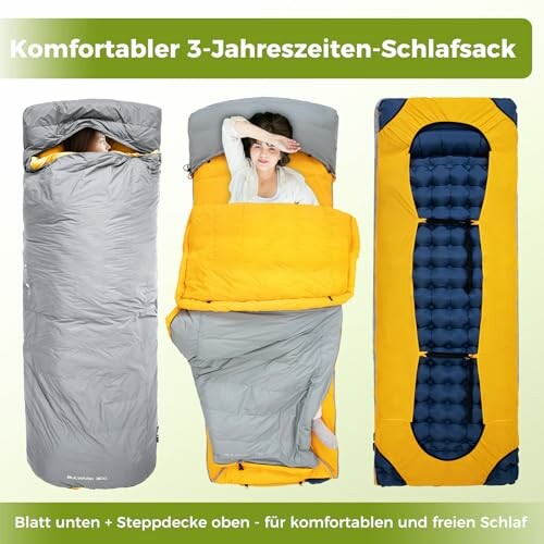 Bequemer 3-Jahreszeiten-Schlafsack mit verschiedenen Ansichten.
