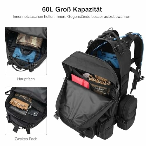 Rucksack mit großer Kapazität und Fächern, schwarz