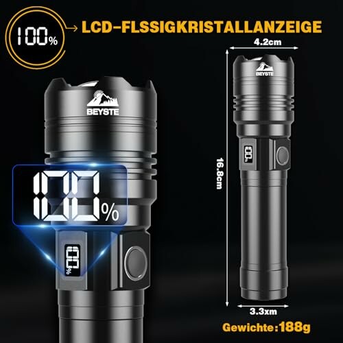 Schwarze Taschenlampe mit digitaler LCD-Anzeige und Batterieprozentanzeige.