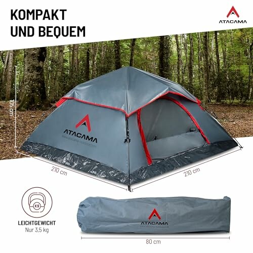 Leichtes Zelt im Wald mit Tragetasche.