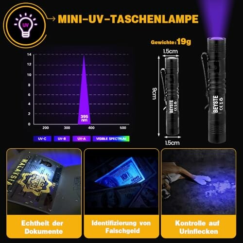 Mini-UV-Taschenlampe mit Einsatzmöglichkeiten zur Dokumentenprüfung, Falschgeldidentifizierung und Urinfleckenkontrolle.