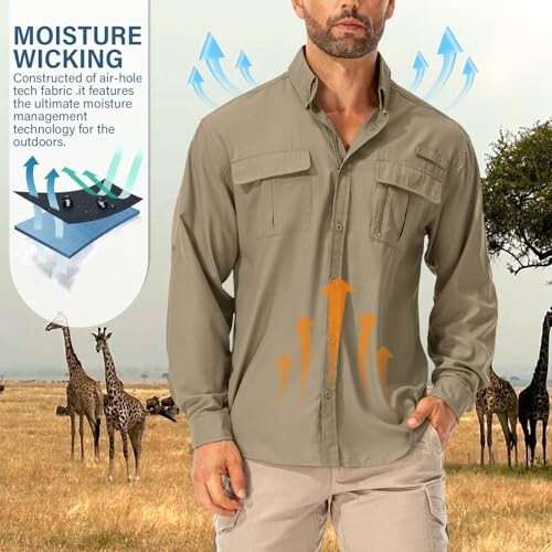 Mann im Outdoor-Hemd vor Giraffen, zeigt Feuchtigkeitsableitung.