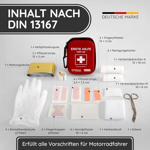 Erste-Hilfe-Set für Motorradfahrer mit Verbandsmaterial und Schere.