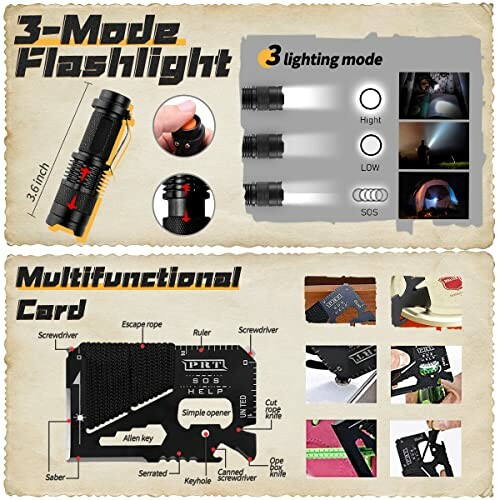 3-Modus Taschenlampe und multifunktionale Karte mit Werkzeugen.