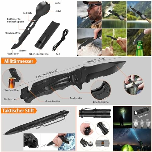 Multifunktionales Überlebensset mit Messer, Gabel, Löffel und taktischem Stift.