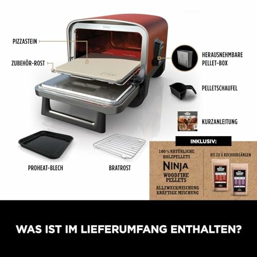 Ninja Pizzaofen mit Zubehör, einschließlich Pizzastein, Pelletschaufel und Anleitung.