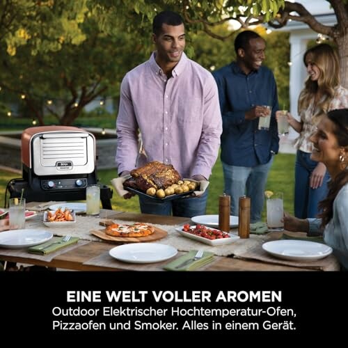 Menschen genießen ein Essen im Freien mit einem Elektrogrill.