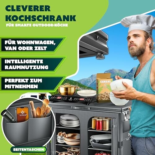 Mann kocht draußen mit Campingkocher