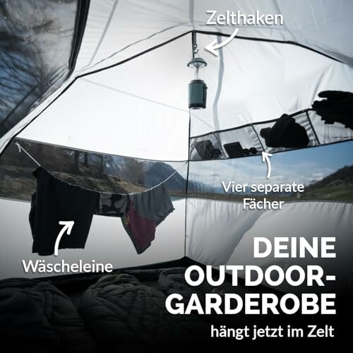 Zelt mit Wäscheleine und Fächern für Outdoor-Garderobe