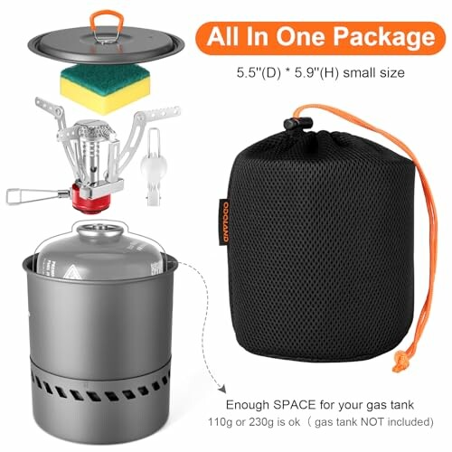 Tragbares Camping-Kochset mit Kocher, Topf, Schwamm und Tasche.