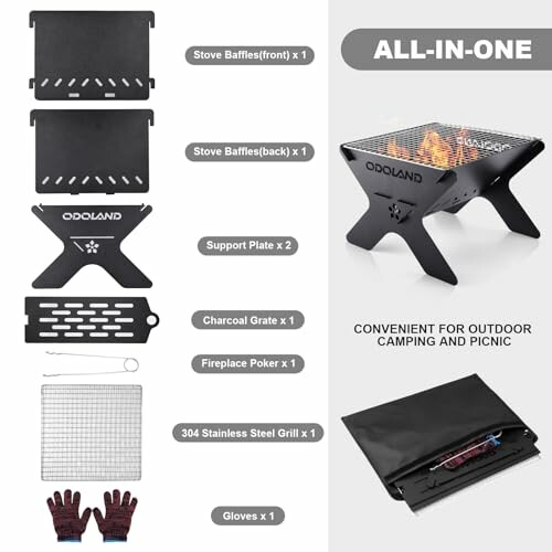 Tragbarer Kaminofen mit Zubehör für Camping.