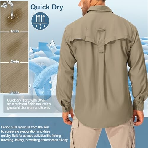 Mann in schnell trocknendem Hemd mit wasserabweisendem Material.