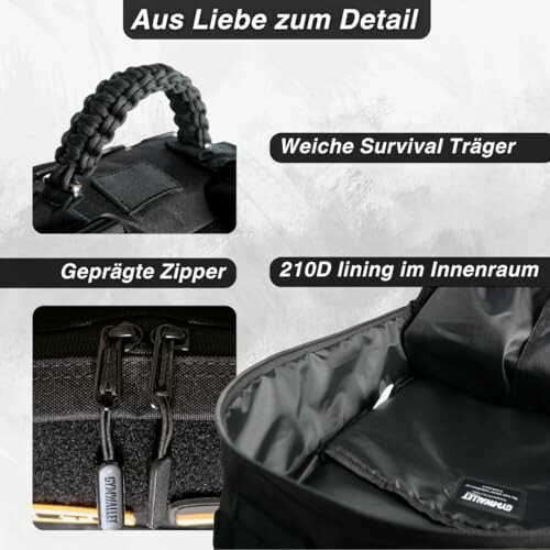 Details eines Rucksacks mit Survival-Träger, geprägtem Zipper und 210D Innenfutter.