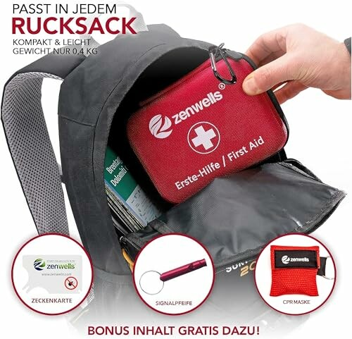 Erste-Hilfe-Set in einem Rucksack mit roter Tasche und Zubehör