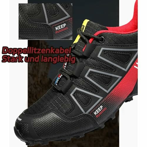 Schwarzer und roter Laufschuh mit Text.