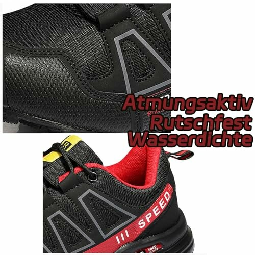 Schwarze Turnschuhe mit rotem Innenfutter, atmungsaktiv, rutschfest und wasserdicht.