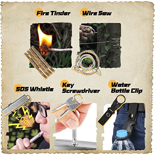 Überlebenswerkzeuge: Feueranzünder, Drahtsäge, SOS-Pfeife, Schraubendreher, Flaschenclip
