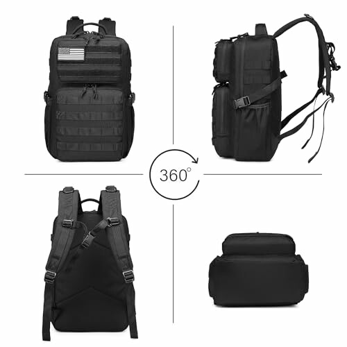 Schwarzer taktischer Rucksack aus verschiedenen Blickwinkeln.