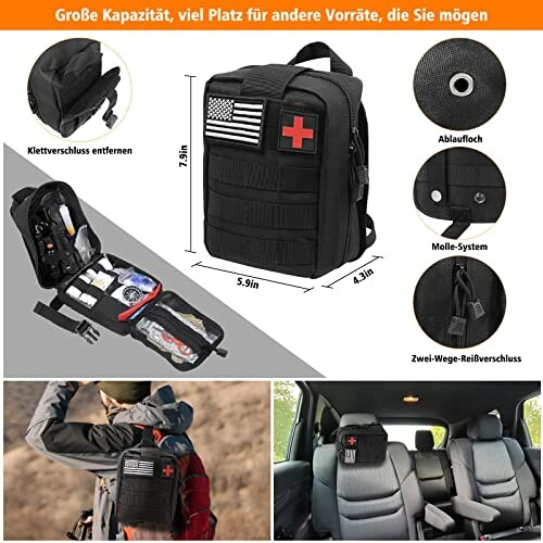 Schwarzer taktischer Rucksack mit Zubehör und Innenansicht.