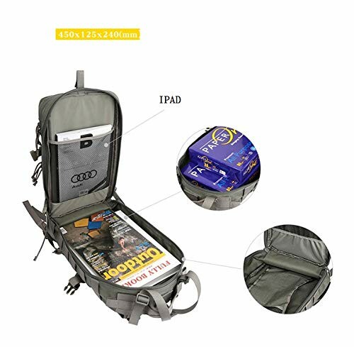 Offener taktischer Rucksack mit Zeitschriften und Schreibwaren.